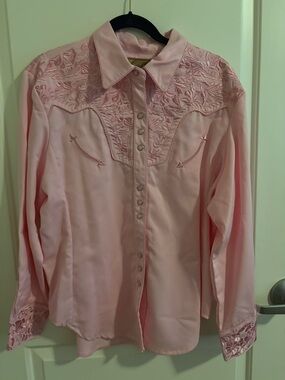 Scully Women's Embroidered Yoke Long Sleeve Western Pearl Snap Shirt Pink, XXL
